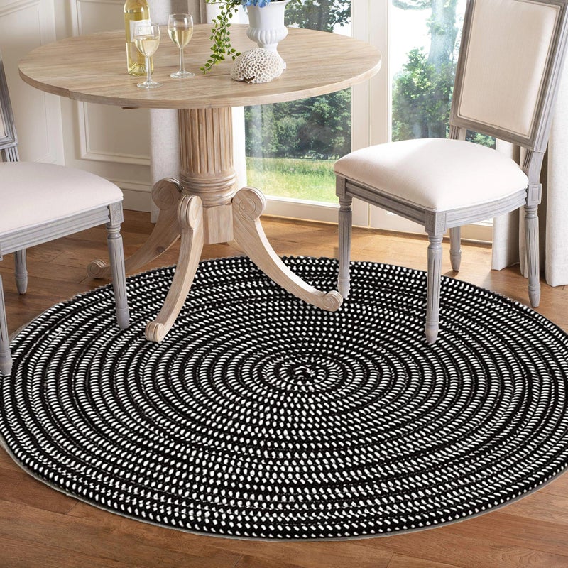 HUAHOO Hand Woven Round Area Rugs Living Room Bedroom Study Computer Chair Cushion Base Mat Round Carpet Lifts Basket Swivel Chair Pad Coffee Table Rug(2' Round, Black/White) - Image 3